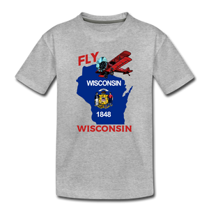 Fly Wisconsin - State Flag - Biplane - Toddler Premium T-Shirt - heather gray