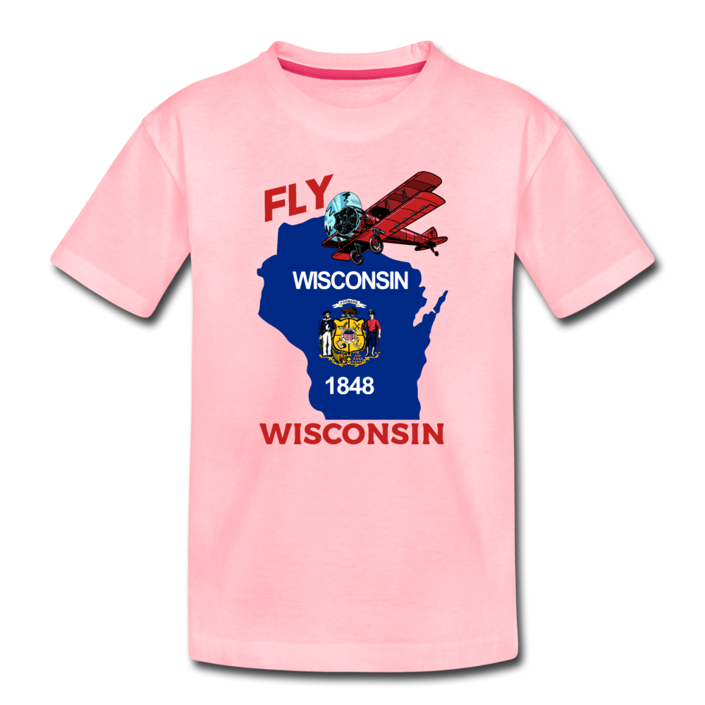 Fly Wisconsin - State Flag - Biplane - Toddler Premium T-Shirt - pink