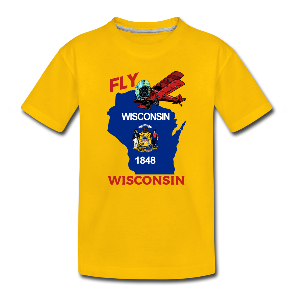 Fly Wisconsin - State Flag - Biplane - Toddler Premium T-Shirt - sun yellow