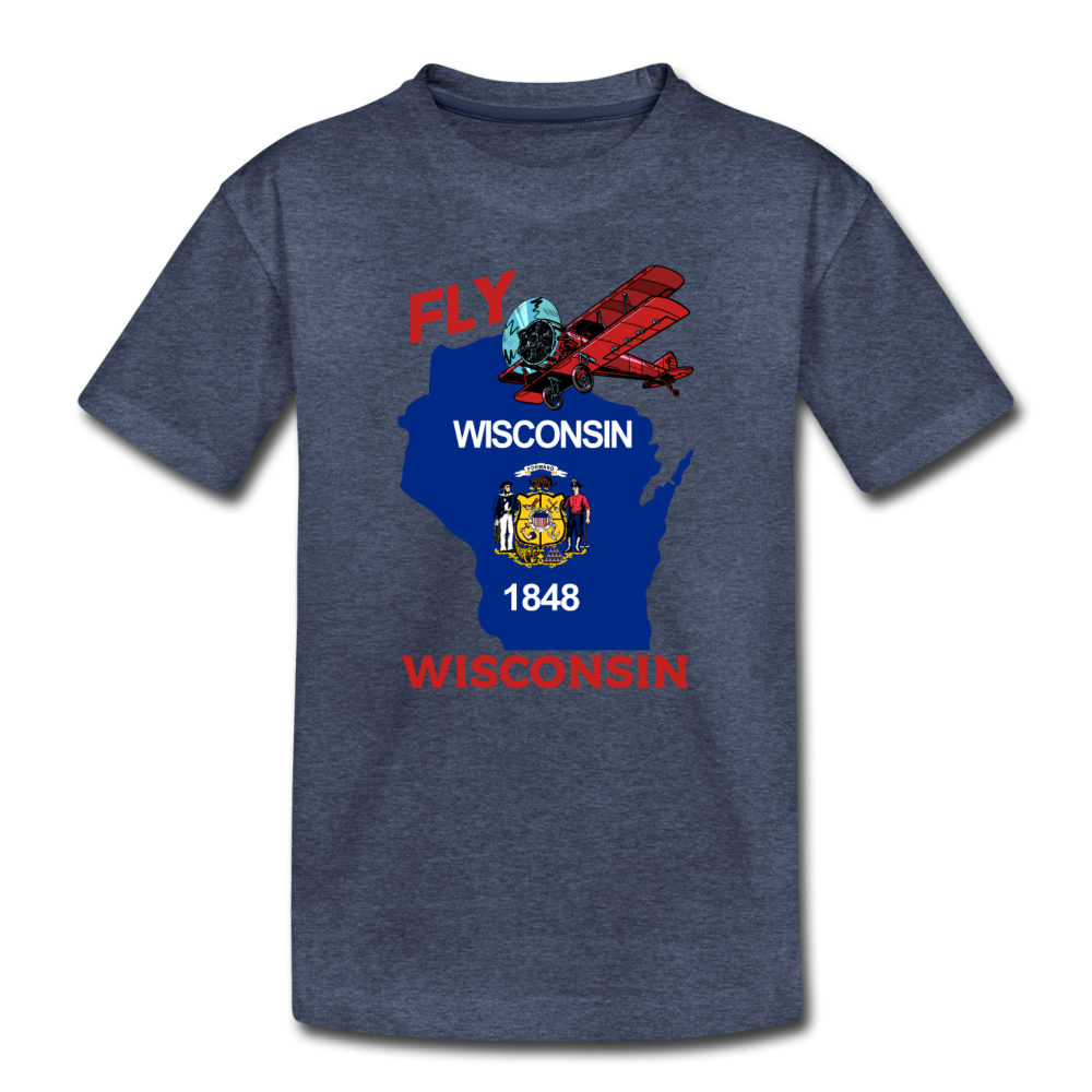 Fly Wisconsin - State Flag - Biplane - Toddler Premium T-Shirt - heather blue