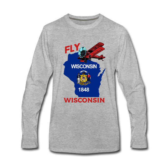 Fly Wisconsin - State Flag - Biplane - Men's Premium Long Sleeve T-Shirt - heather gray