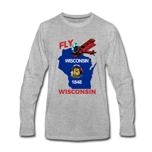 Fly Wisconsin - State Flag - Biplane - Men's Premium Long Sleeve T-Shirt - heather gray