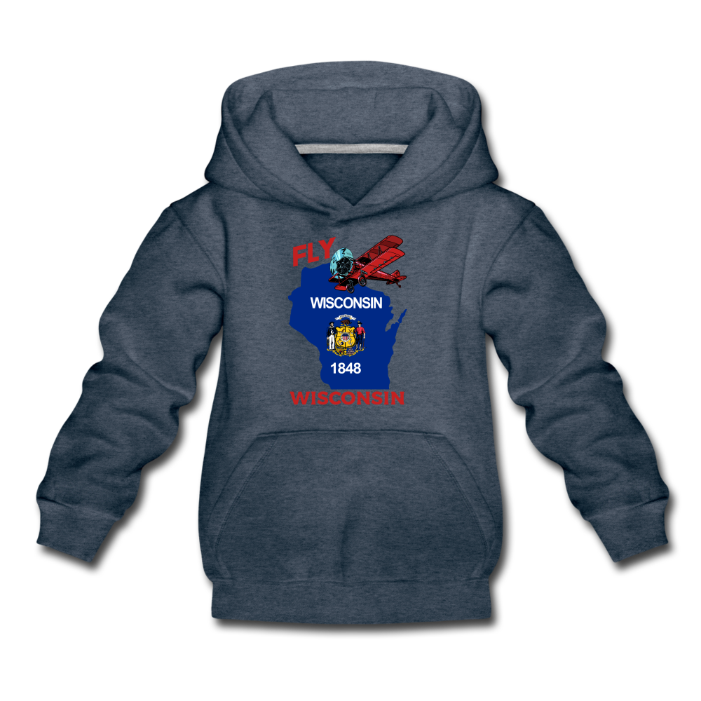 Fly Wisconsin - State Flag - Biplane - Kids‘ Premium Hoodie - heather denim