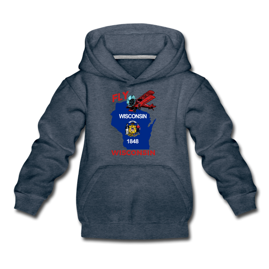 Fly Wisconsin - State Flag - Biplane - Kids‘ Premium Hoodie - heather denim