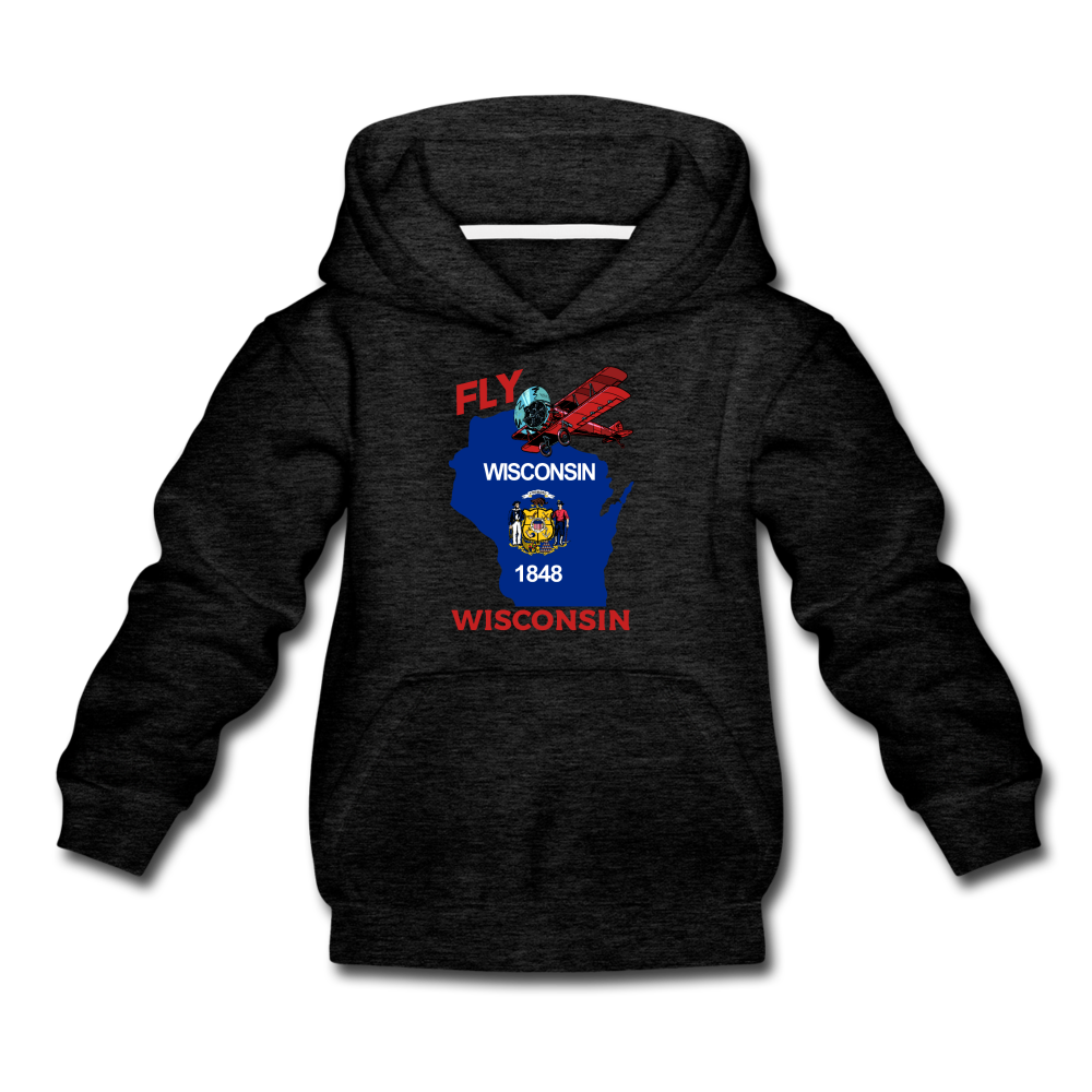 Fly Wisconsin - State Flag - Biplane - Kids‘ Premium Hoodie - charcoal gray