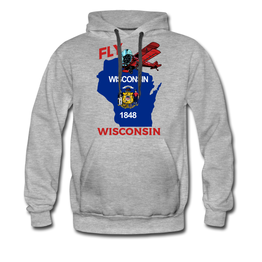 Fly Wisconsin - State Flag - Biplane - Men’s Premium Hoodie - heather gray