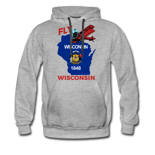 Fly Wisconsin - State Flag - Biplane - Men’s Premium Hoodie - heather gray