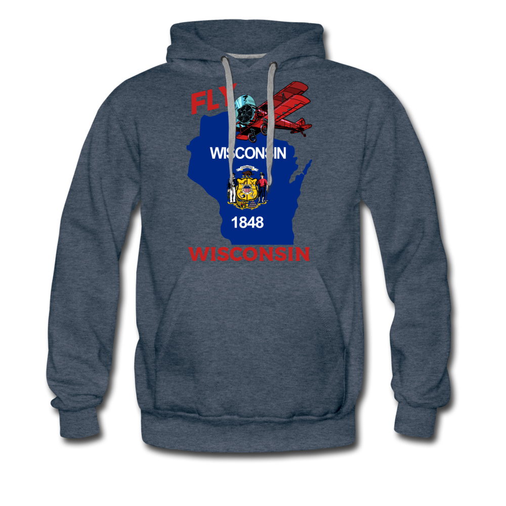 Fly Wisconsin - State Flag - Biplane - Men’s Premium Hoodie - heather denim