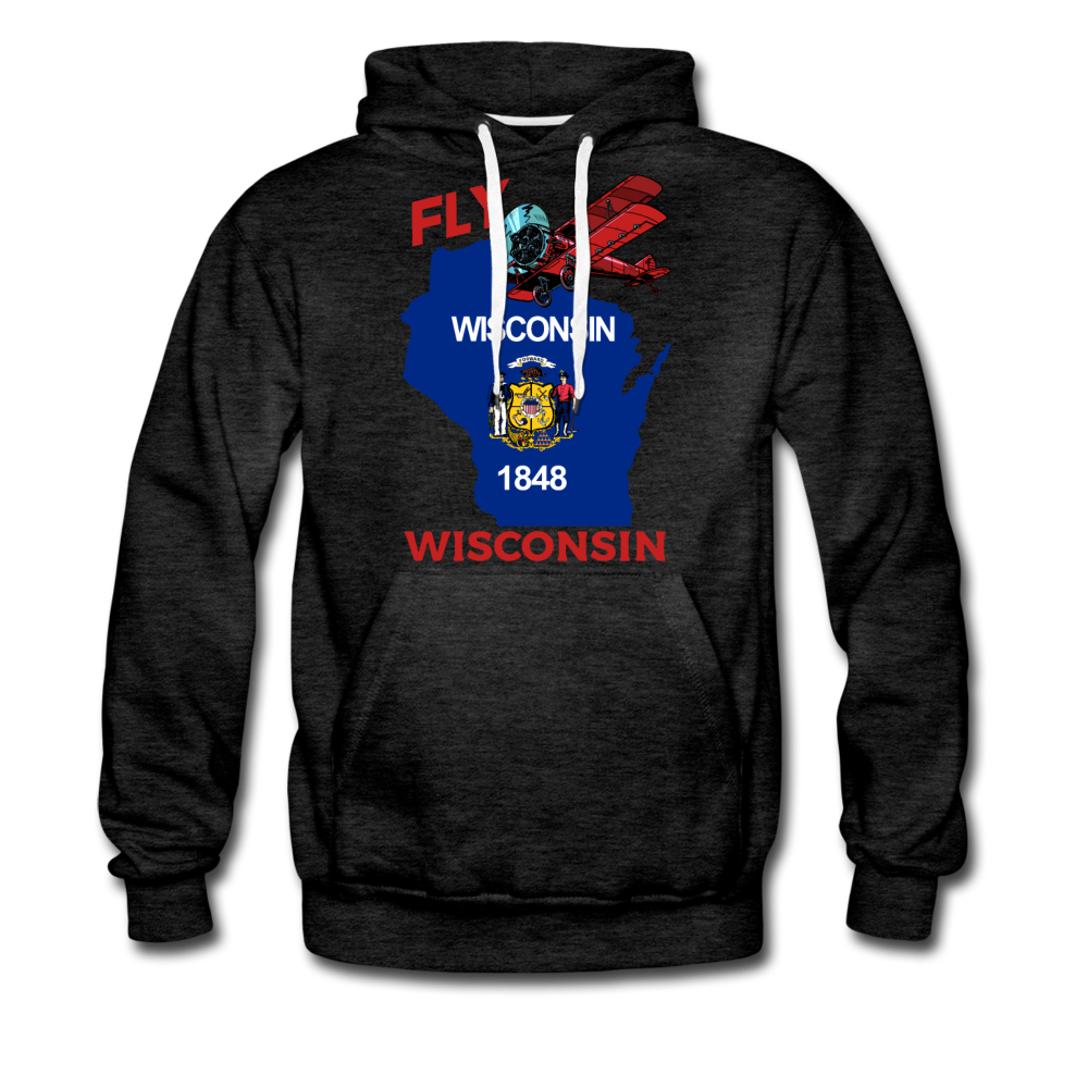 Fly Wisconsin - State Flag - Biplane - Men’s Premium Hoodie - charcoal gray