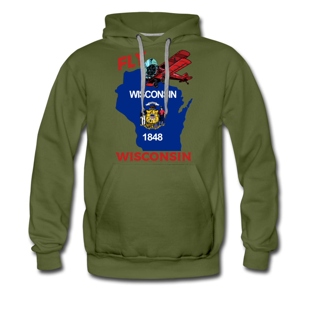 Fly Wisconsin - State Flag - Biplane - Men’s Premium Hoodie - olive green