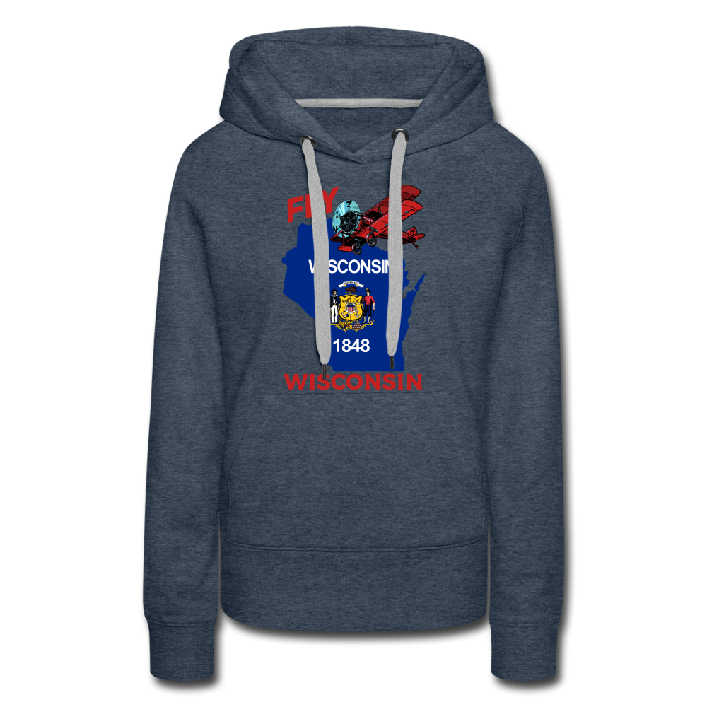 Fly Wisconsin - State Flag - Biplane - Women’s Premium Hoodie - heather denim