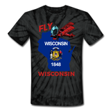 Fly Wisconsin - State Flag - Biplane - Unisex Tie Dye T-Shirt - spider black