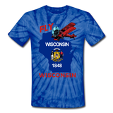 Fly Wisconsin - State Flag - Biplane - Unisex Tie Dye T-Shirt - spider blue