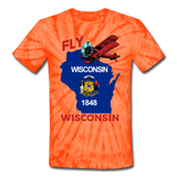 Fly Wisconsin - State Flag - Biplane - Unisex Tie Dye T-Shirt - spider orange