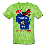 Fly Wisconsin - State Flag - Biplane - Unisex Tie Dye T-Shirt - spider lime green