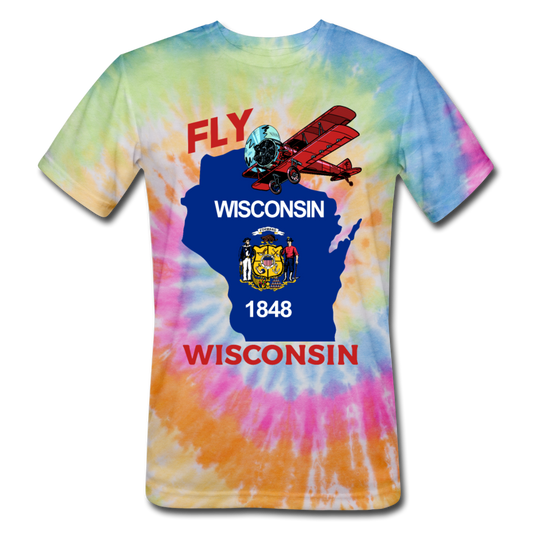 Fly Wisconsin - State Flag - Biplane - Unisex Tie Dye T-Shirt - rainbow