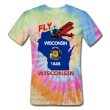 Fly Wisconsin - State Flag - Biplane - Unisex Tie Dye T-Shirt - rainbow