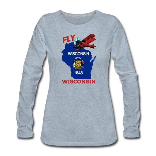 Fly Wisconsin - State Flag - Biplane - Women's Premium Long Sleeve T-Shirt - heather ice blue