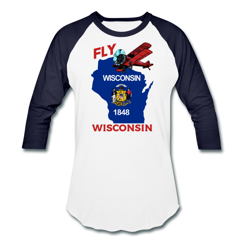 Fly Wisconsin - State Flag - Biplane - Baseball T-Shirt - white/navy