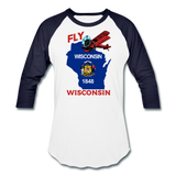 Fly Wisconsin - State Flag - Biplane - Baseball T-Shirt - white/navy