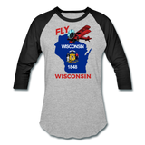 Fly Wisconsin - State Flag - Biplane - Baseball T-Shirt - heather gray/black