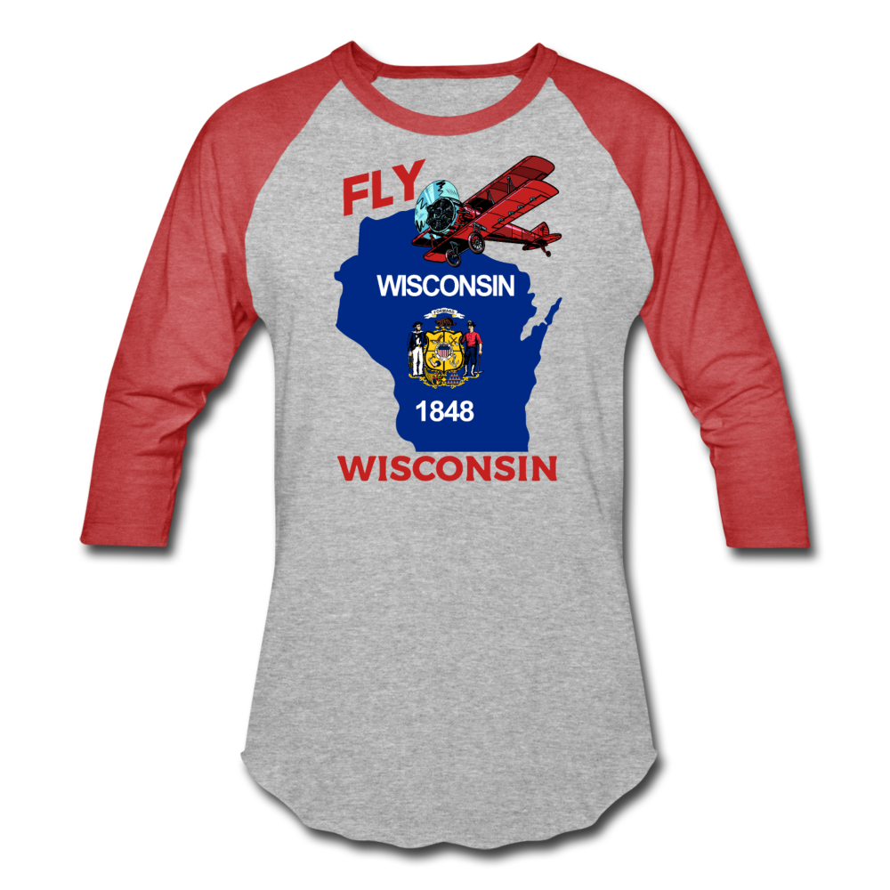 Fly Wisconsin - State Flag - Biplane - Baseball T-Shirt - heather gray/red