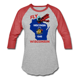 Fly Wisconsin - State Flag - Biplane - Baseball T-Shirt - heather gray/red
