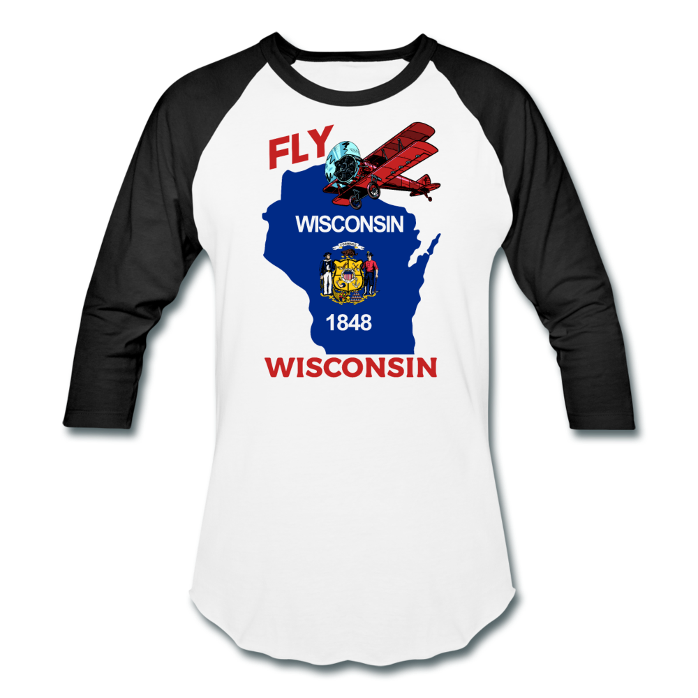 Fly Wisconsin - State Flag - Biplane - Baseball T-Shirt - white/black