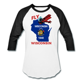Fly Wisconsin - State Flag - Biplane - Baseball T-Shirt - white/black