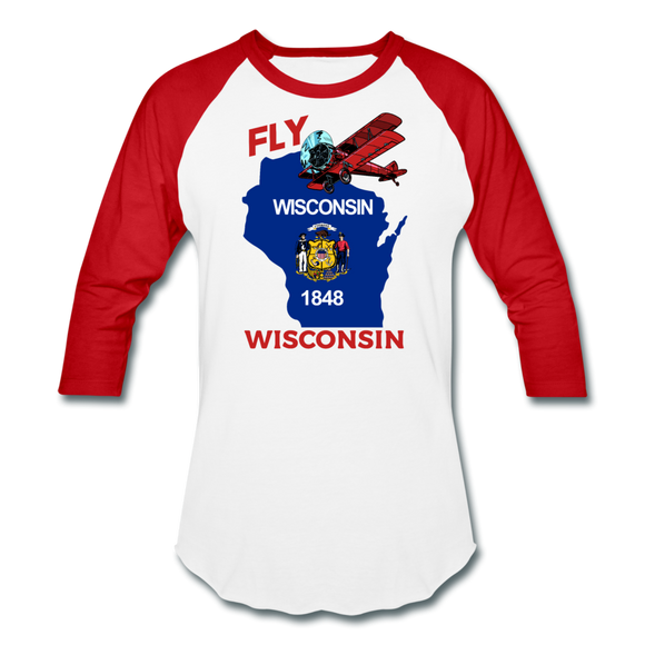 Fly Wisconsin - State Flag - Biplane - Baseball T-Shirt - white/red