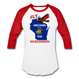Fly Wisconsin - State Flag - Biplane - Baseball T-Shirt - white/red