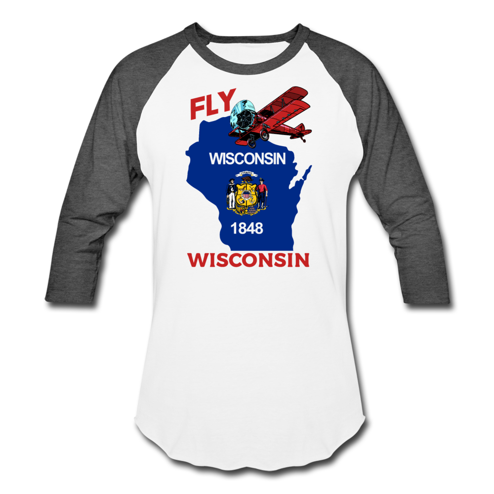 Fly Wisconsin - State Flag - Biplane - Baseball T-Shirt - white/charcoal