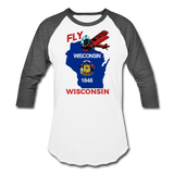 Fly Wisconsin - State Flag - Biplane - Baseball T-Shirt - white/charcoal