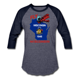 Fly Wisconsin - State Flag - Biplane - Baseball T-Shirt - heather blue/navy