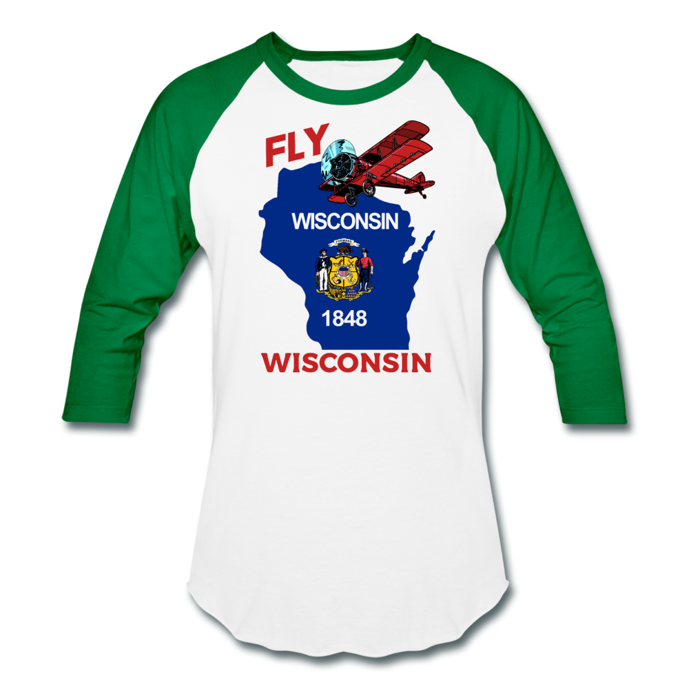 Fly Wisconsin - State Flag - Biplane - Baseball T-Shirt - white/kelly green