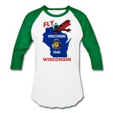 Fly Wisconsin - State Flag - Biplane - Baseball T-Shirt - white/kelly green
