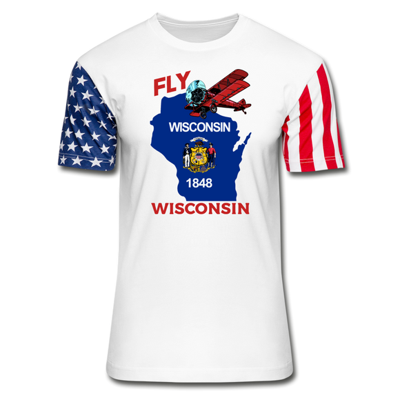Fly Wisconsin - State Flag - Biplane - Stars & Stripes T-Shirt - white