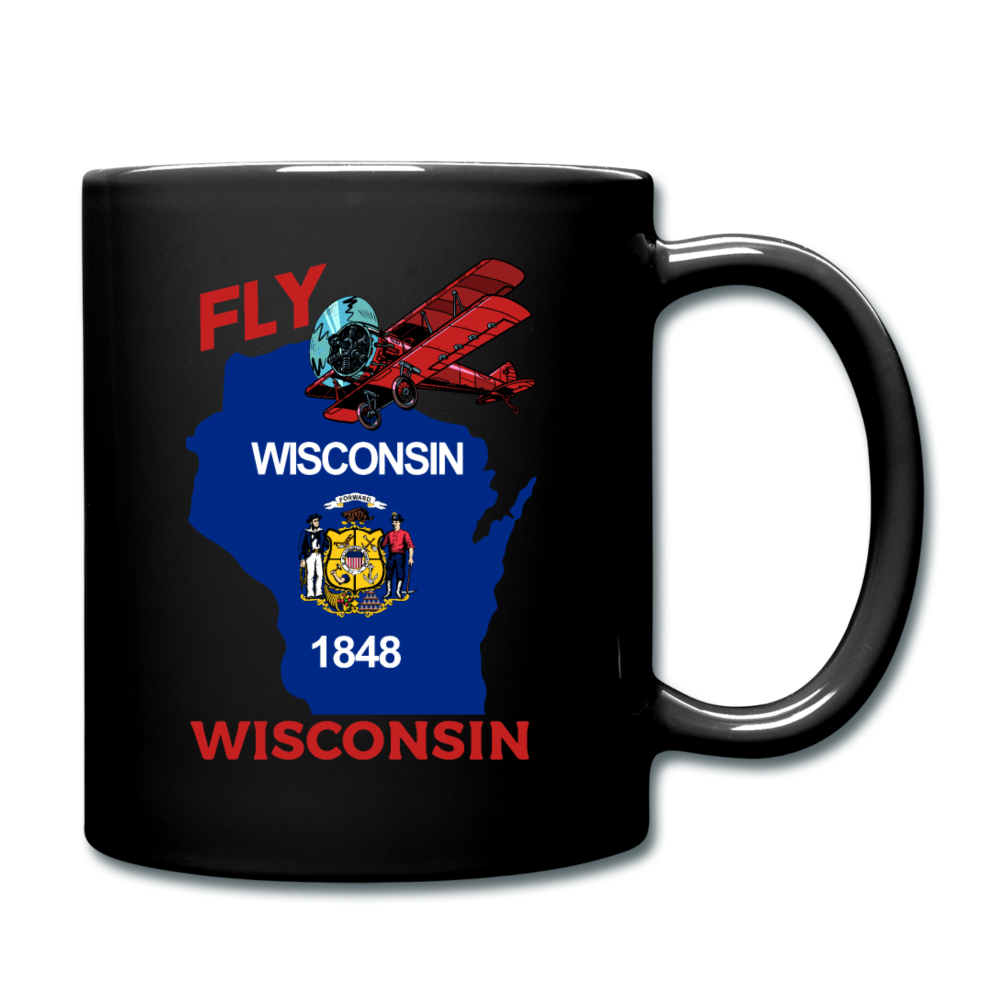 Fly Wisconsin - State Flag - Biplane - Full Color Mug - black