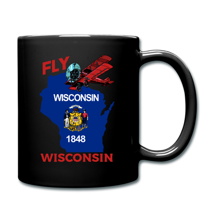 Fly Wisconsin - State Flag - Biplane - Full Color Mug - black