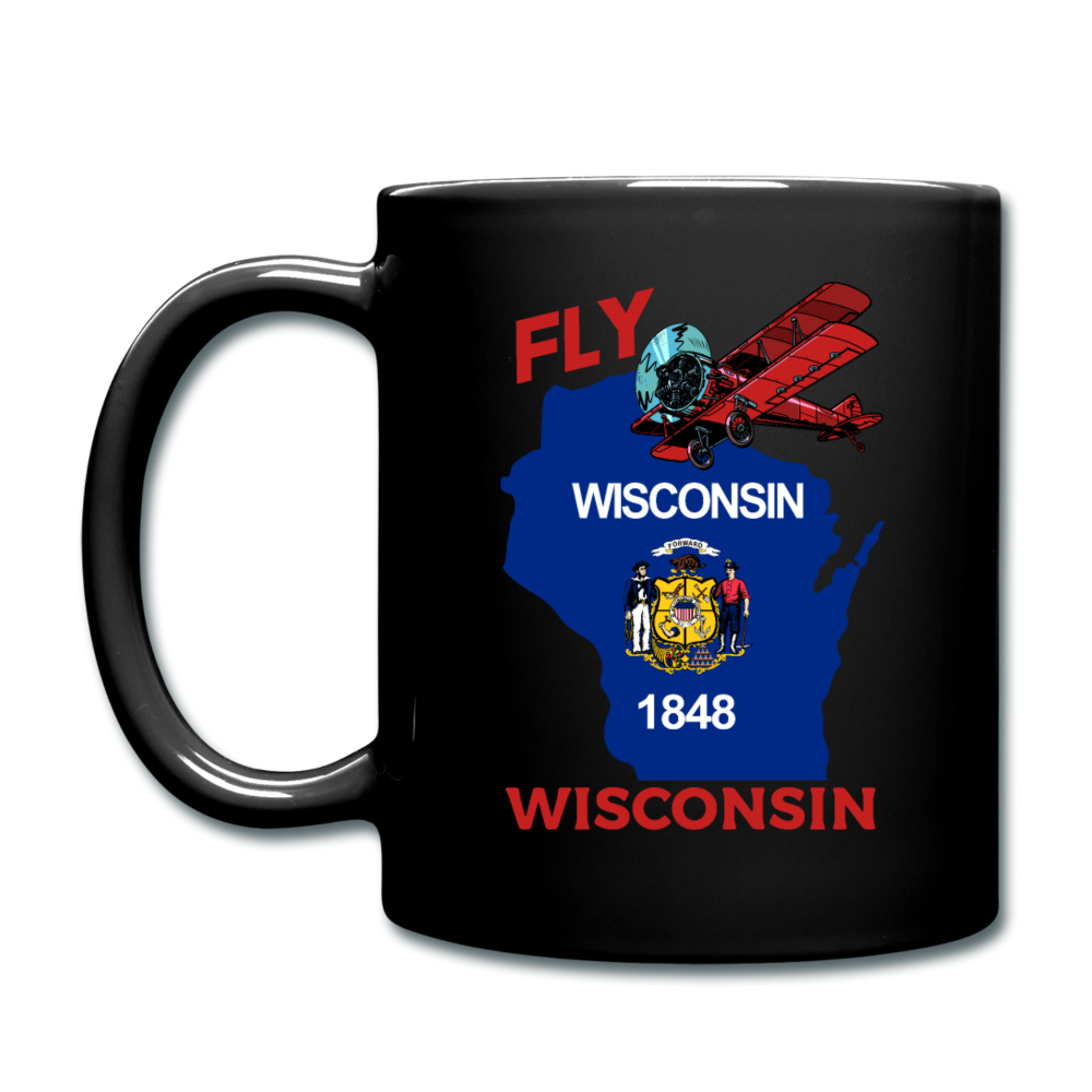 Fly Wisconsin - State Flag - Biplane - Full Color Mug - black