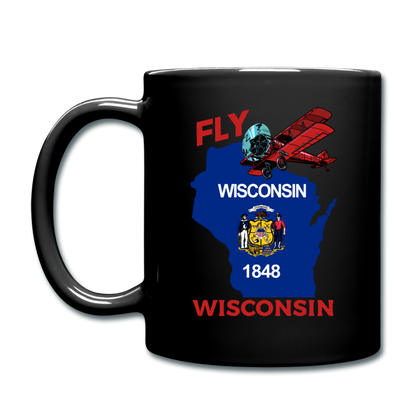 Fly Wisconsin - State Flag - Biplane - Full Color Mug - black