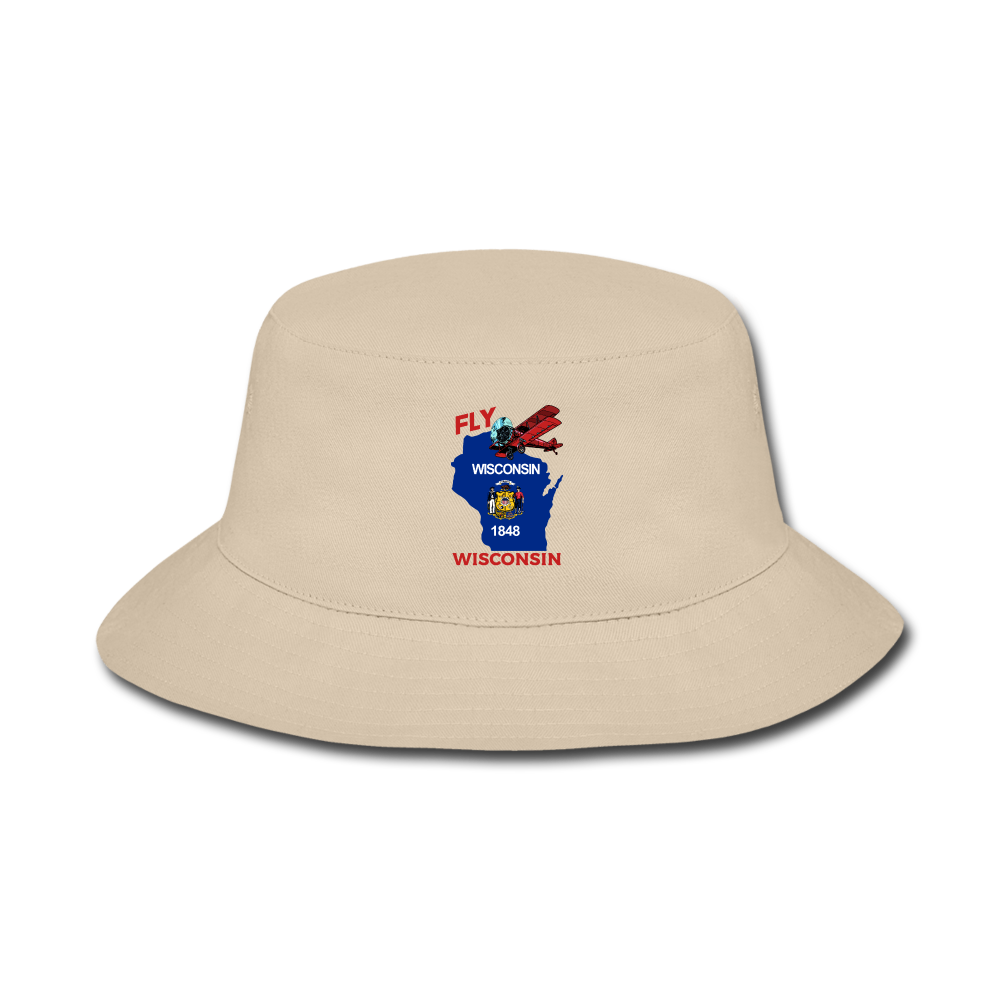 Fly Wisconsin - State Flag - Biplane - Bucket Hat - cream