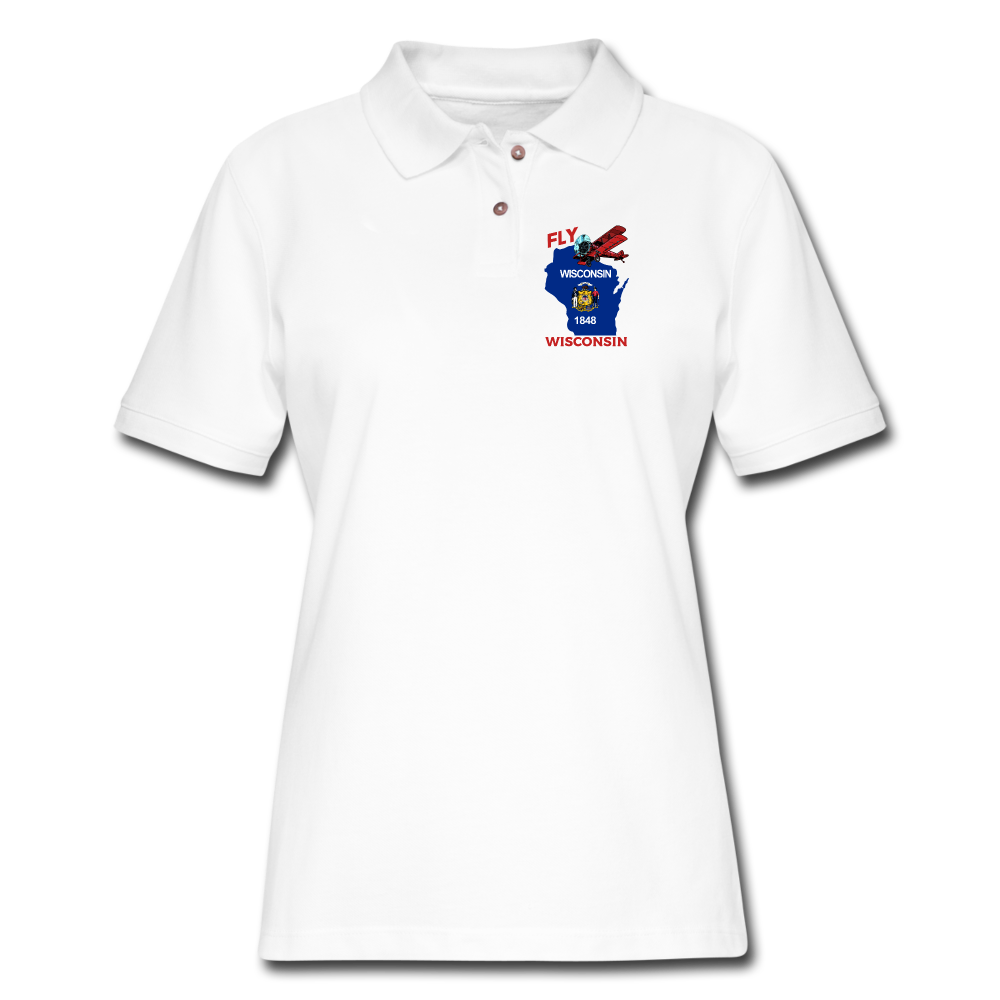 Fly Wisconsin - State Flag - Biplane - Women's Pique Polo Shirt - white