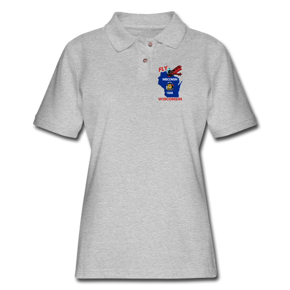 Fly Wisconsin - State Flag - Biplane - Women's Pique Polo Shirt - heather gray