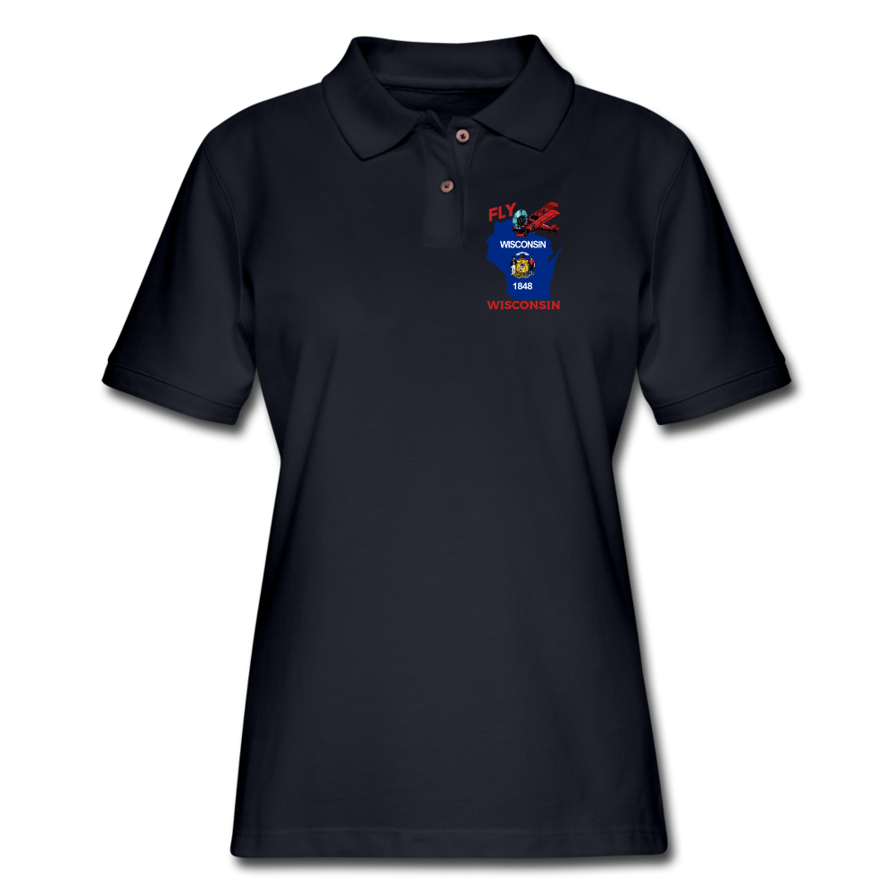 Fly Wisconsin - State Flag - Biplane - Women's Pique Polo Shirt - midnight navy