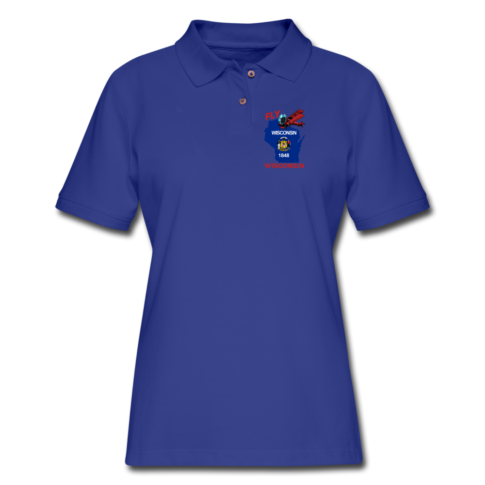 Fly Wisconsin - State Flag - Biplane - Women's Pique Polo Shirt - royal blue