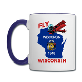 Fly Wisconsin - State Flag - Biplane - Contrast Coffee Mug - white/cobalt blue