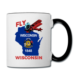 Fly Wisconsin - State Flag - Biplane - Contrast Coffee Mug - white/black