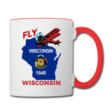 Fly Wisconsin - State Flag - Biplane - Contrast Coffee Mug - white/red