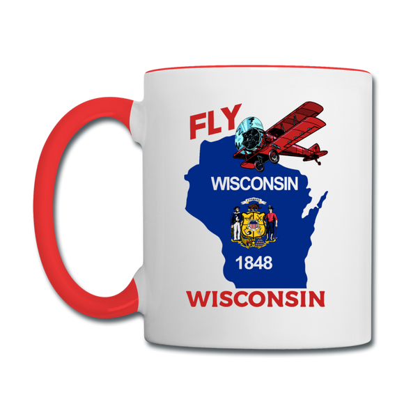 Fly Wisconsin - State Flag - Biplane - Contrast Coffee Mug - white/red